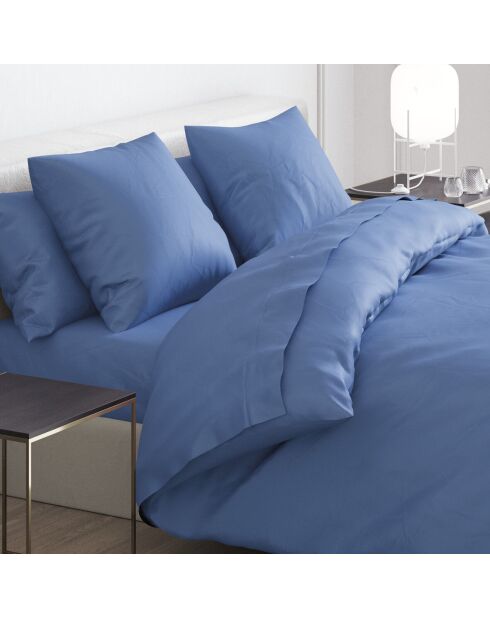 Housse de couette + 2 taies d'oreiller satin de coton Uni Bleu