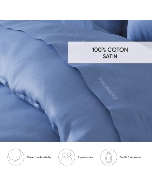 Housse de couette + 2 taies d'oreiller satin de coton Uni Bleu