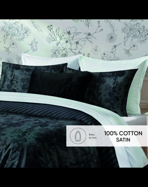 Set de 2 taies d'oreiller satin de coton Flore Noir / Gris - 50 x 70 cm