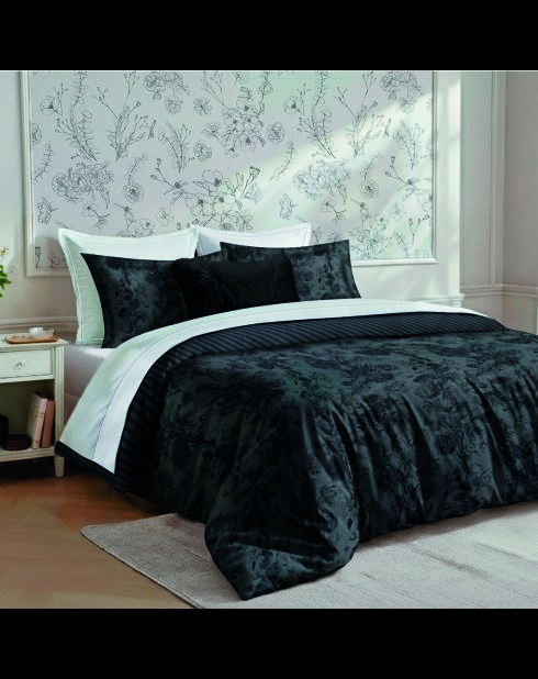 Set de 2 taies d'oreiller satin de coton Flore Noir / Gris - 50 x 70 cm