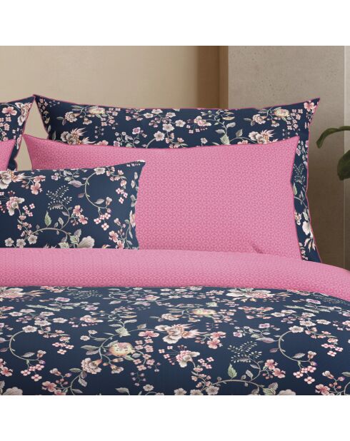 Set de 2 taies d'oreiller satin de coton Jardin secret Bleu foncé / Rose - 2 x (63 x 63 cm)