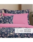 Set de 2 taies d'oreiller satin de coton Jardin secret Bleu foncé / Rose - 2 x (63 x 63 cm)