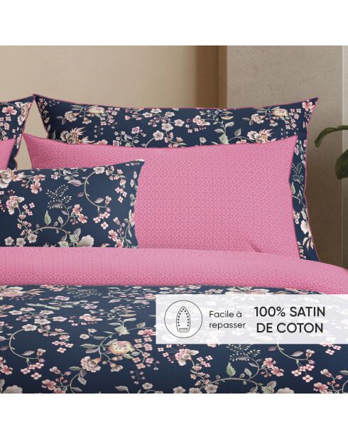 Set de 2 taies d'oreiller satin de coton Jardin secret Bleu foncé / Rose - 2 x (63 x 63 cm)