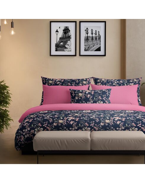 Set de 2 taies d'oreiller satin de coton Jardin secret Bleu foncé / Rose - 2 x (63 x 63 cm)