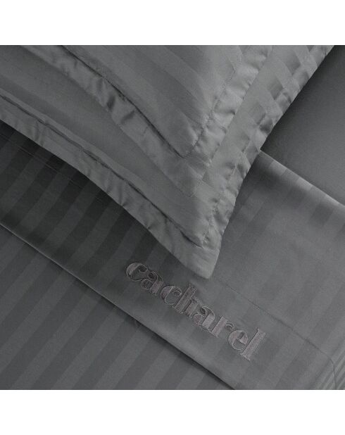 Parure drap plat + drap-housse + taies rectangles satin de coton rayure tissé dobby - Dobby stripe woven Gris foncé