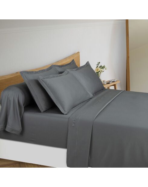 Parure drap plat + drap-housse + taies rectangles satin de coton - Uni 1 baratta Gris 02