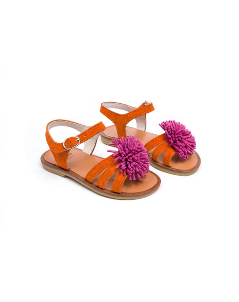 Sandales en daim S8 orange et pompon fuchsia