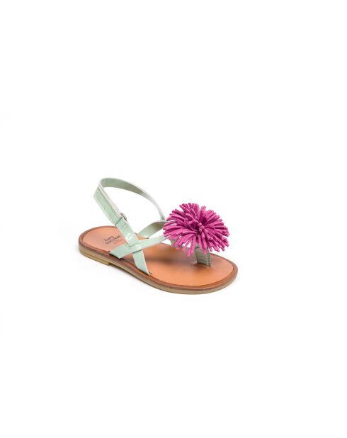 Sandales en cuir verni S8 aigue-marine et pompon fuchsia