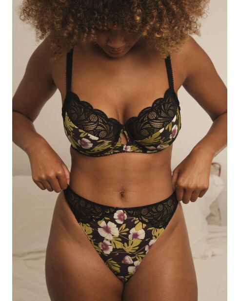 Tanga Ariane Fantaisy imprimé feuillage Monstera noir