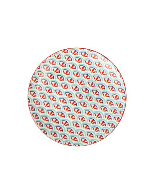 Assiette à dessert en grès à motifs géométriques verts et bleus - 18 cm