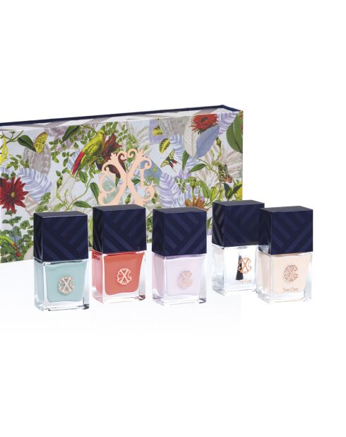 Kit de 3 vernis à ongles avec base coat et top coat orange / vert pastel / lilas