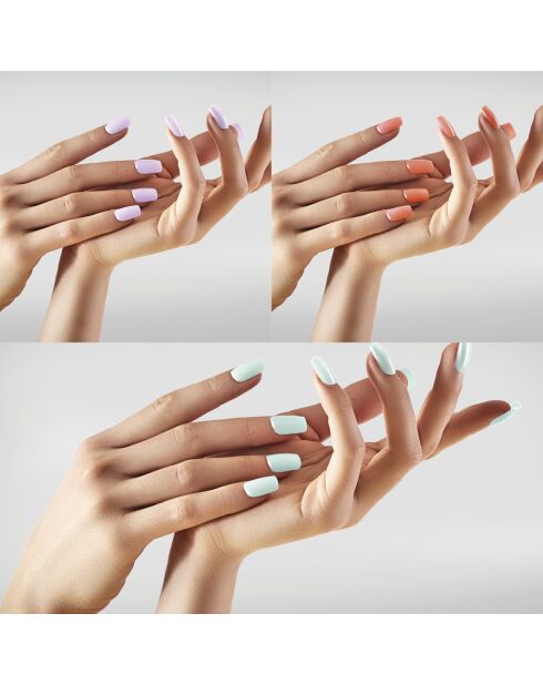 Kit de 3 vernis à ongles avec base coat et top coat orange / vert pastel / lilas