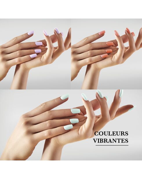 Kit de 3 vernis à ongles avec base coat et top coat orange / vert pastel / lilas