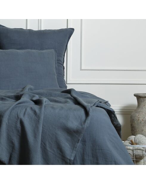 Drap plat lin lavé Camille bleu orage