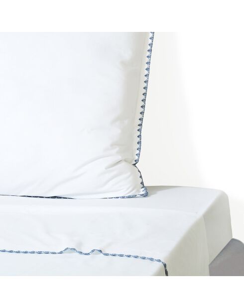 Drap plat percale de coton Zoé blanc/bleu denim