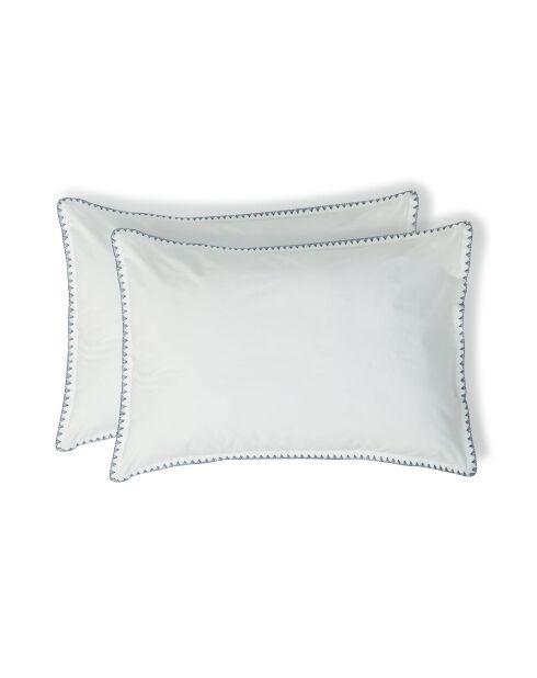 Lot de 2 Taies d'oreiller percale de coton Zoé blanches/bleu denim