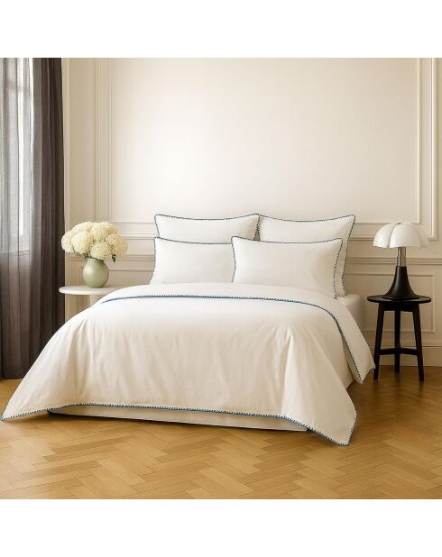 Lot de 2 Taies d'oreiller percale de coton Zoé blanches/bleu denim