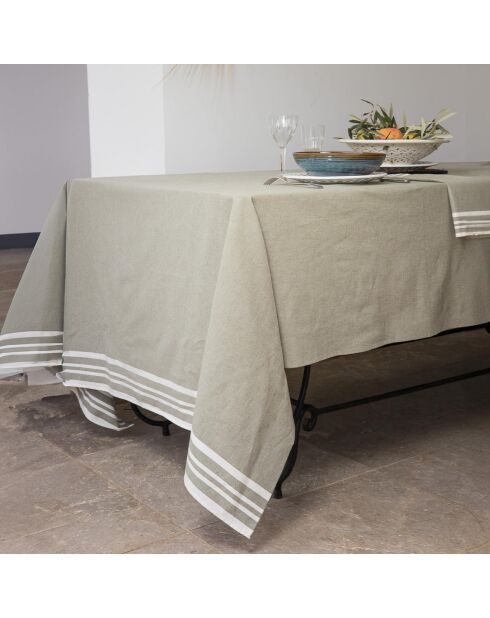 Mantel y 4 servilletas Mahdia de algodón verde oliva - 150x250 cm