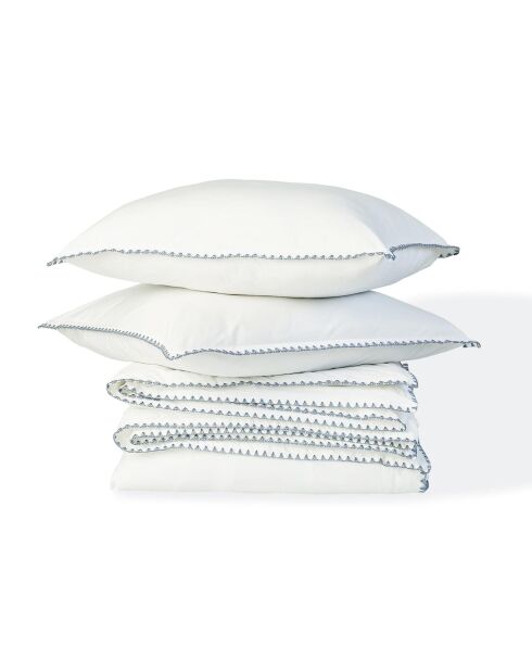 Parure de lit en percale de coton Zoé blanche/bleu denim