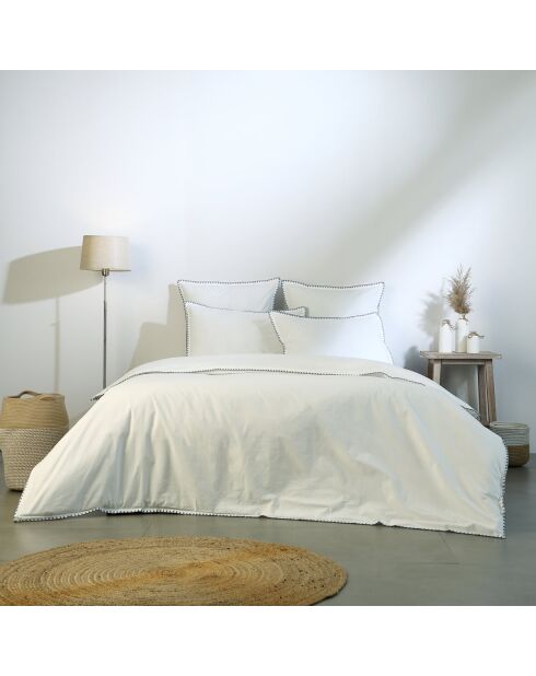 Parure de lit en percale de coton Zoé blanche/bleu denim