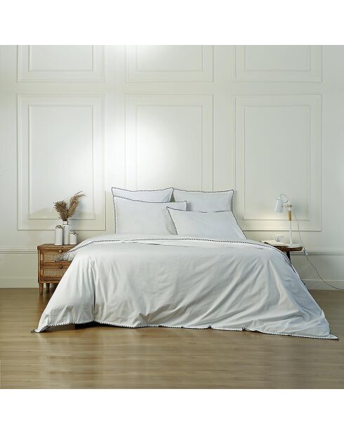 Parure de lit en percale de coton Zoé blanche/bleu denim