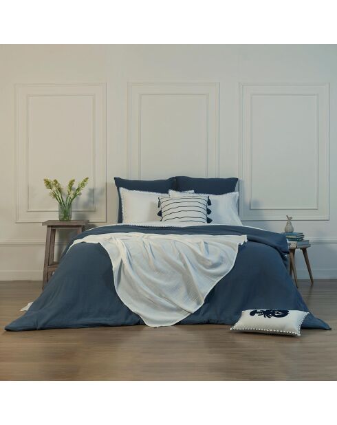 Parure de lit en percale de coton Zoé blanche/bleu denim