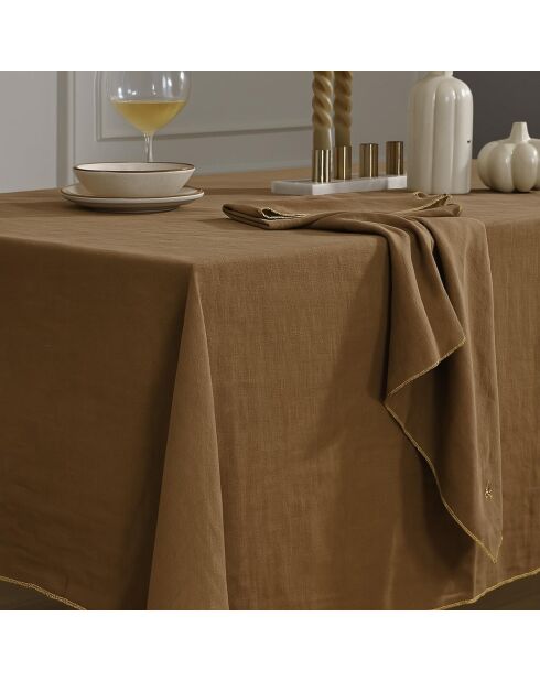 Tischdecke Camille aus gewaschenem Leinen in Haselnuss-/Goldfarben und 8 Servietten, 150 x 300 cm