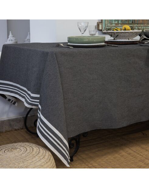 Mantel Mahdia de algodón negro y 10 servilletas - 180x400 cm