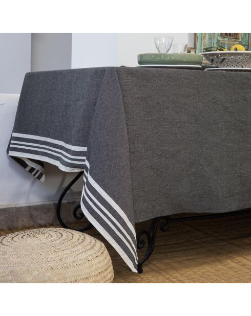 Mantel Mahdia de algodón negro y 10 servilletas - 180x400 cm