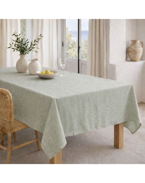 Mantel Colette verde oliva y 10 servilletas de algodón - 180x400 cm