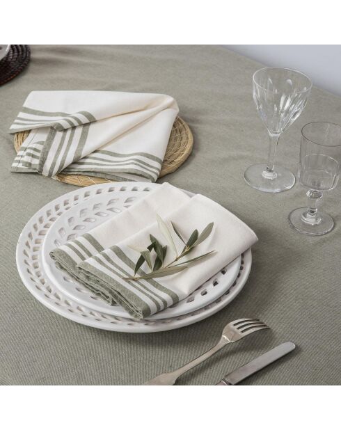 Lot de 4 serviettes de table en coton Mahdia blanches/vert olive - 45x45 cm