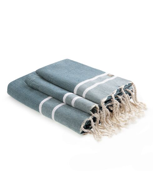 Set von 3 Stockholmer Badefoutas aus Baumwolle petrolblau - 100x200+2 (50x80) cm