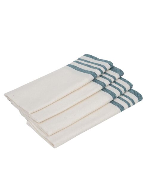 Lot de 4 serviettes de table en coton Mahdia blanches/bleu pétrole - 45x45 cm