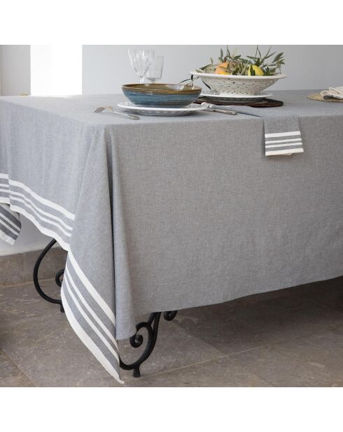 Mantel Mahdia de algodón gris mediano y 10 servilletas - 180x400 cm