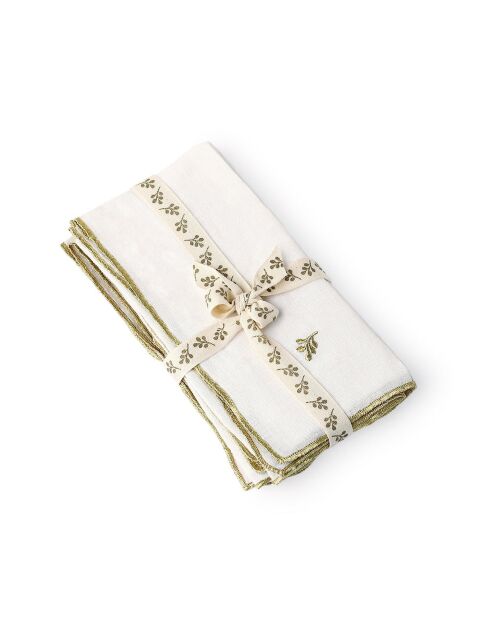 Mantel y 4 servilletas Camille de lino lavado blanco/dorado, 150 x 250 cm