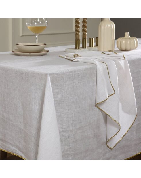 Mantel y 4 servilletas Camille de lino lavado blanco/dorado, 150 x 250 cm