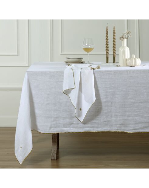 Mantel y 4 servilletas Camille de lino lavado blanco/dorado, 150 x 250 cm