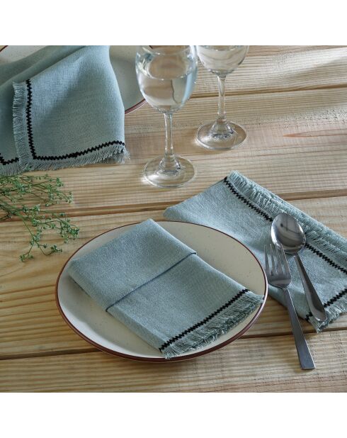 Lot de 4 serviettes de table lin lavé Gabriel vert céladon/noires - 45x45 cm