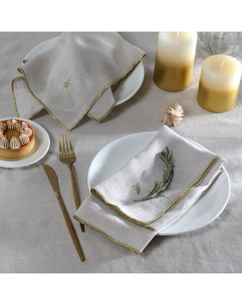 Lot de 4 serviettes de table lin lavé Camille naturelles/or - 45x45 cm