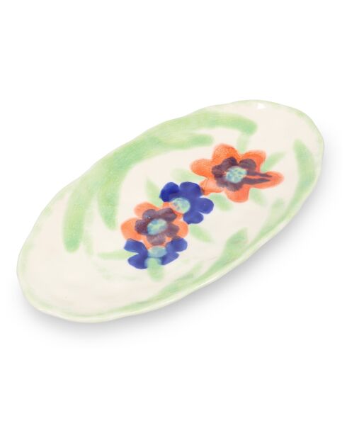 Servierschale aus Steinzeug mit Blumen, Weiß/Creme/Grün/Orange/Blau, 30,5 x 15,5 cm