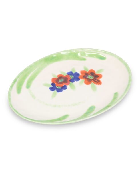 Servierschale aus Steinzeug mit Blumen, 36,5 x 25,5 cm, Weiß/Creme/Grün/Orange/Blau