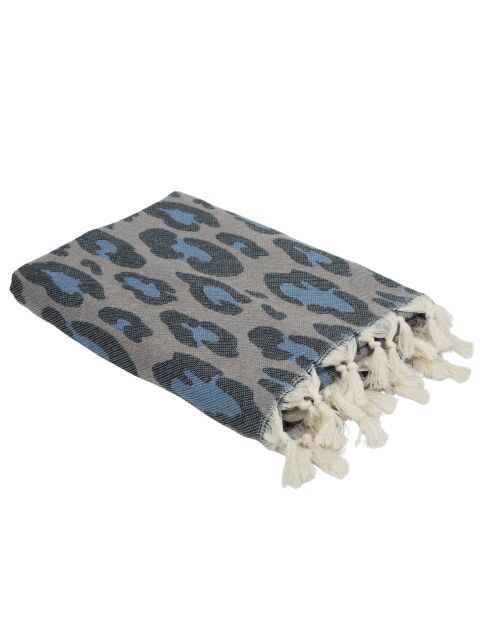 Fouta de algodón jacquard de leopardo, color taupe y azul - 100x200 cm