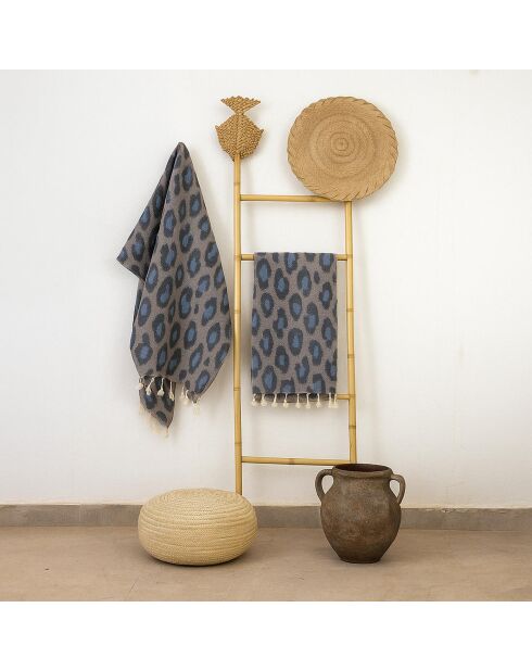 Fouta de algodón jacquard de leopardo, color taupe y azul - 100x200 cm
