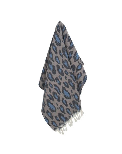 Fouta de algodón jacquard de leopardo, color taupe y azul - 100x200 cm