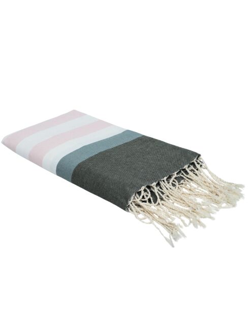 Arcachon driekleurige katoenen fouta lichtroze/sauge/kaki - 100x200 cm