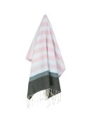 Arcachon driekleurige katoenen fouta lichtroze/sauge/kaki - 100x200 cm