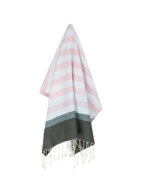 Arcachon driekleurige katoenen fouta lichtroze/sauge/kaki - 100x200 cm