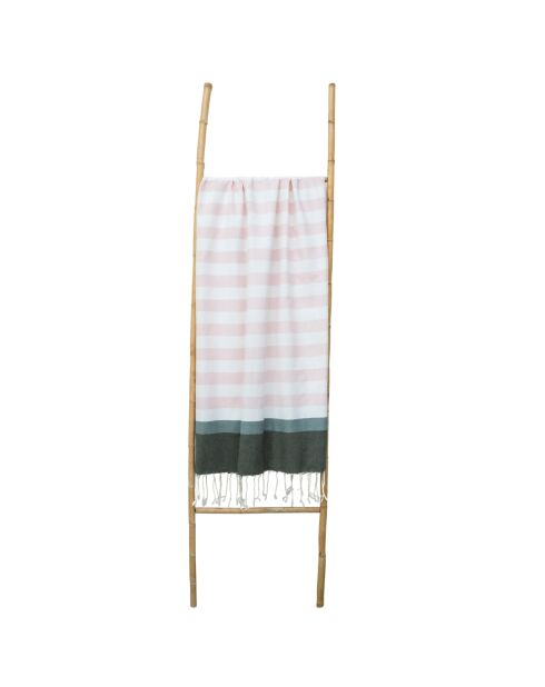 Arcachon driekleurige katoenen fouta lichtroze/sauge/kaki - 100x200 cm