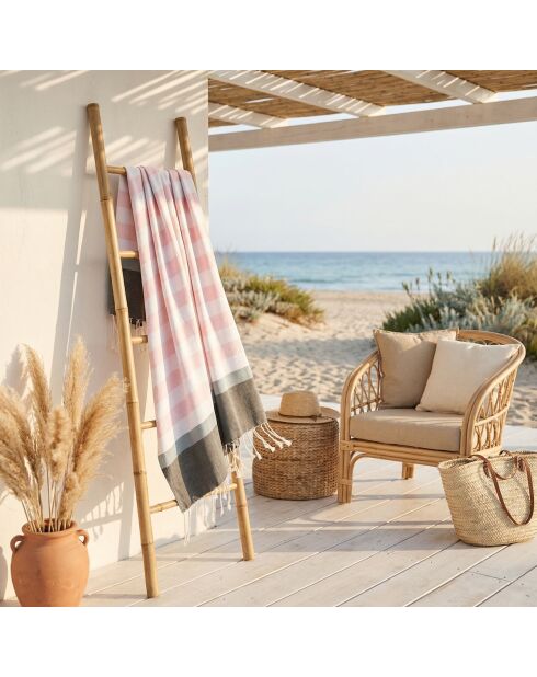 Arcachon driekleurige katoenen fouta lichtroze/sauge/kaki - 100x200 cm