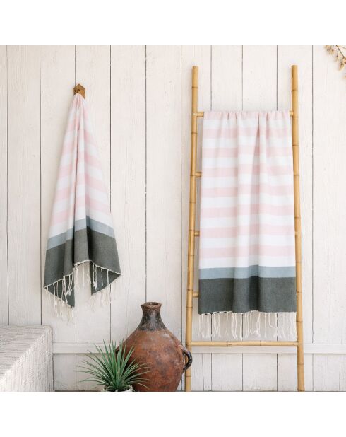 Arcachon driekleurige katoenen fouta lichtroze/sauge/kaki - 100x200 cm